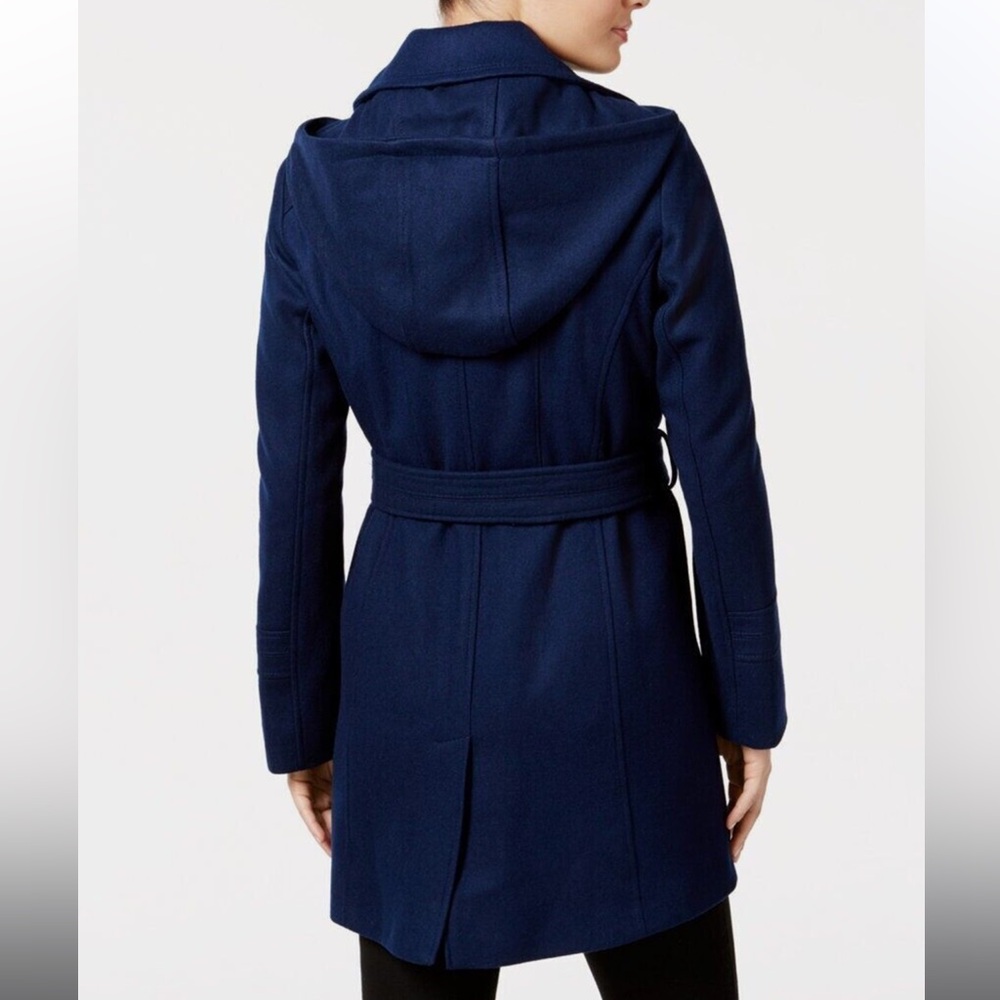 Michael Kors MK Shappire Blue Hooded Wool Belted Tie Waist Pea Coat - Picture 2 of 12